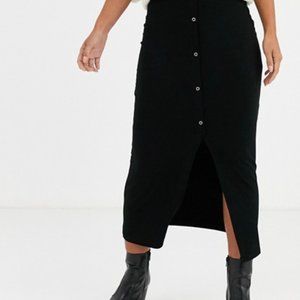 ASOS DESIGN rib popper midi skirt in black
